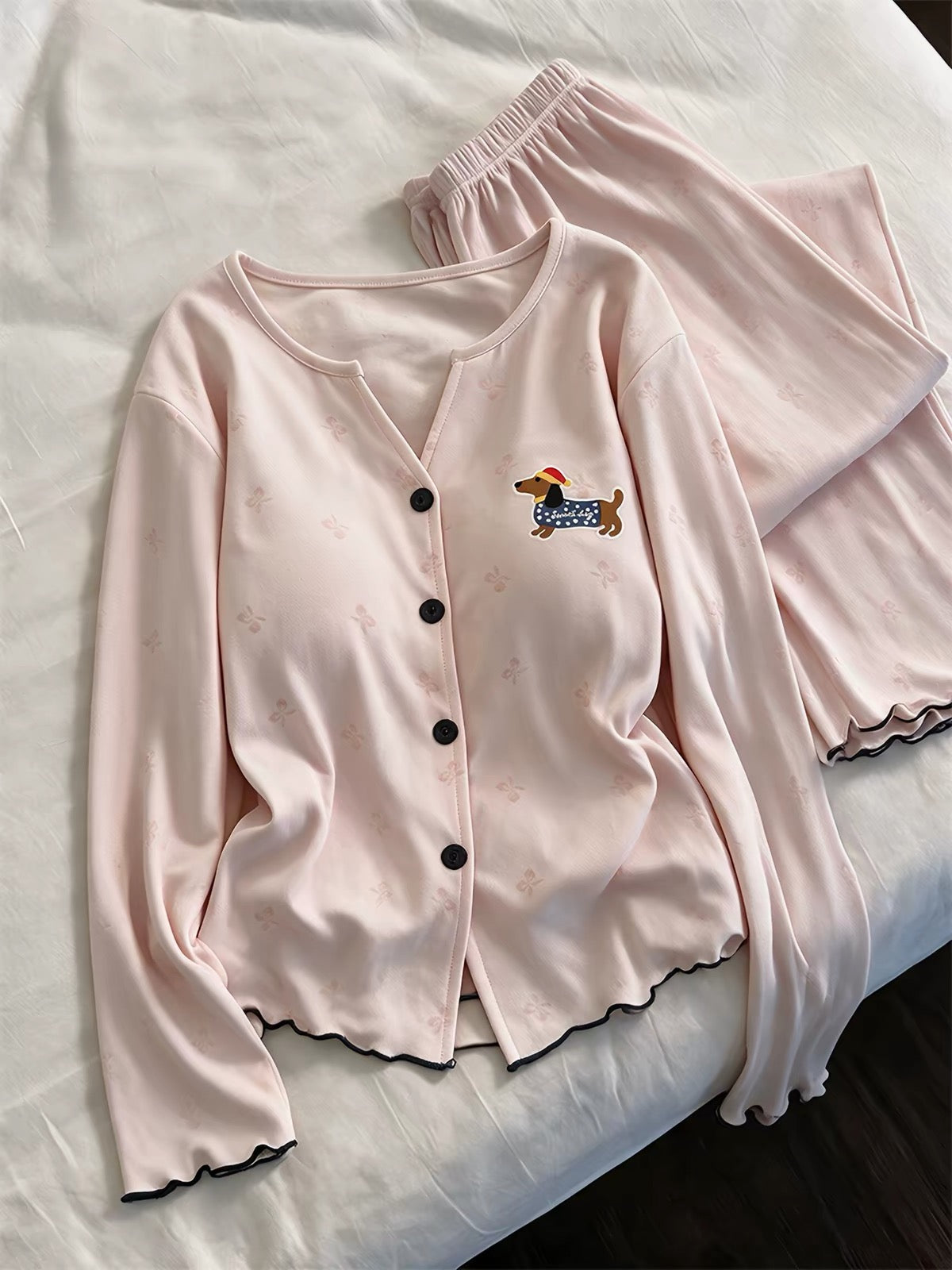 Cute Dog Embroidered Cotton Pajamas – Long Sleeve Lounge Set