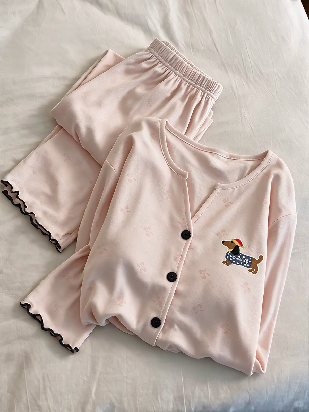 Cute Dog Embroidered Cotton Pajamas – Long Sleeve Lounge Set