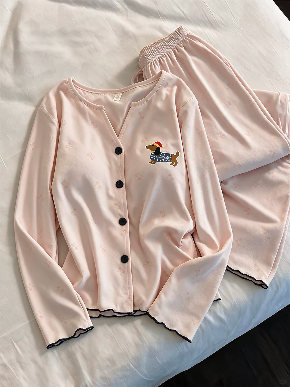 Cute Dog Embroidered Cotton Pajamas – Long Sleeve Lounge Set