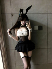 Black Bunny Maid Lingerie Costume with Corset, Ruffled Skirt & Thigh High Stockings