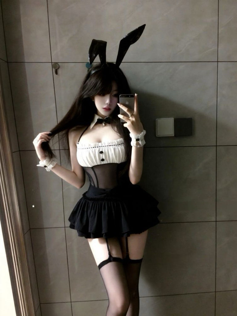 Black Bunny Maid Lingerie Costume with Corset, Ruffled Skirt & Thigh High Stockings