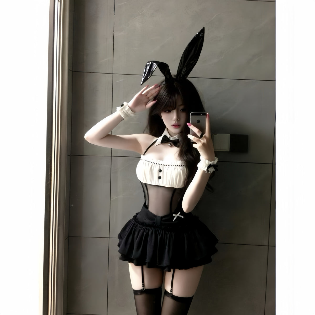Black Bunny Maid Lingerie Costume with Corset, Ruffled Skirt & Thigh High Stockings