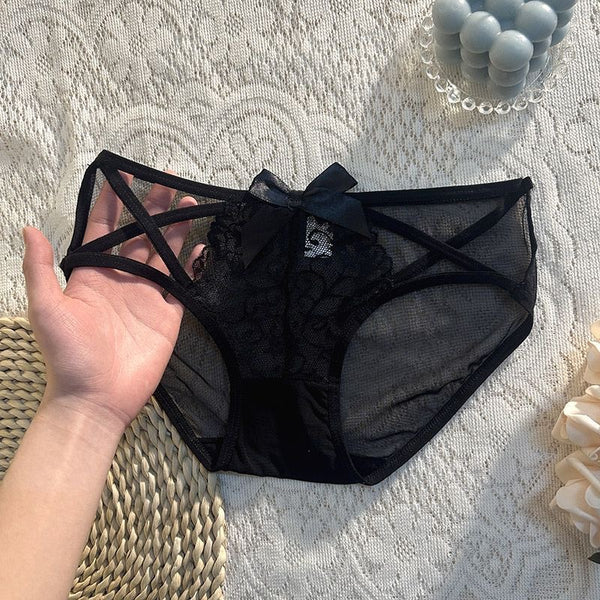 Front view of black mesh lace straps underwear bundle
