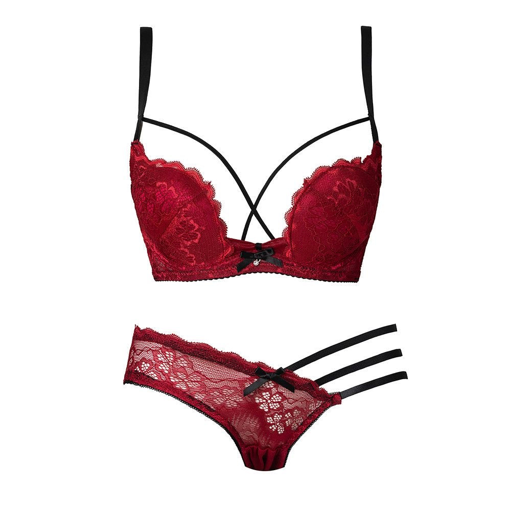 Burgundy Lace Strappy Bra and Panty Set