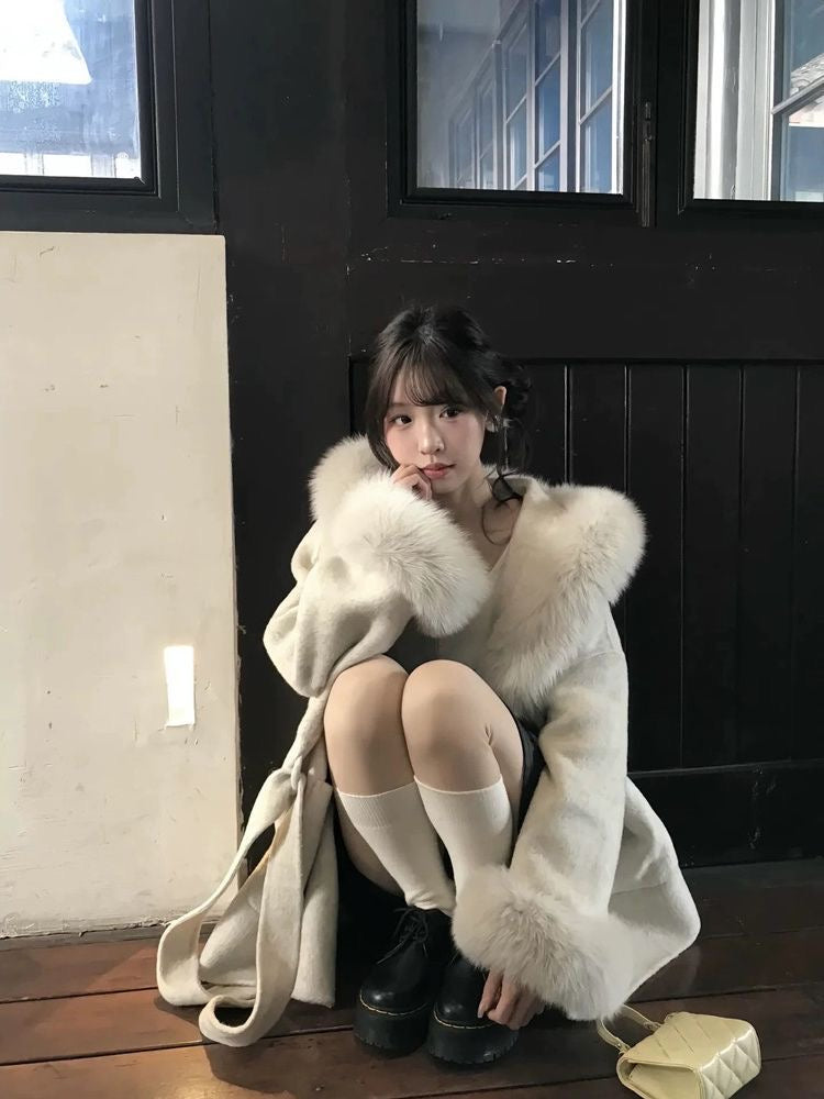 Women's Faux Fur Collar Belted Winter Coat