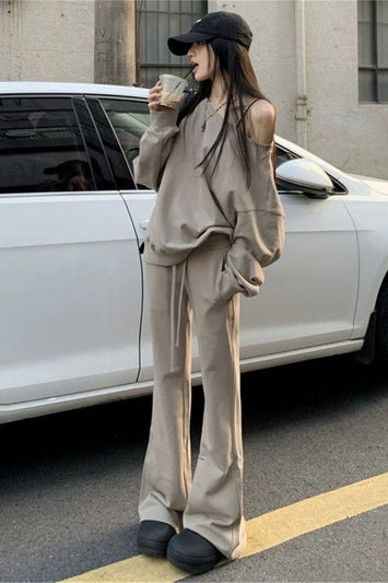 女士纯棉单边露肩休闲运动两件套