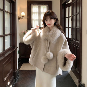 女士千金风毛绒拼接加厚呢子大衣
