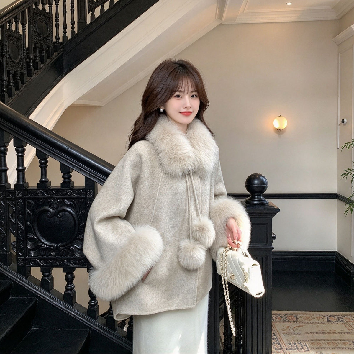Women's Faux Fur Trim Wool-Blend Coat