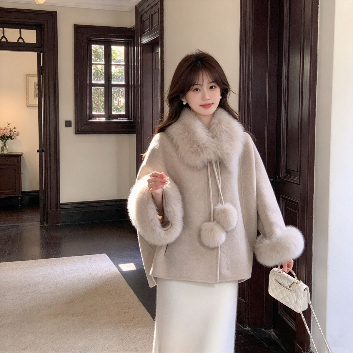 Women's Faux Fur Trim Wool-Blend Coat
