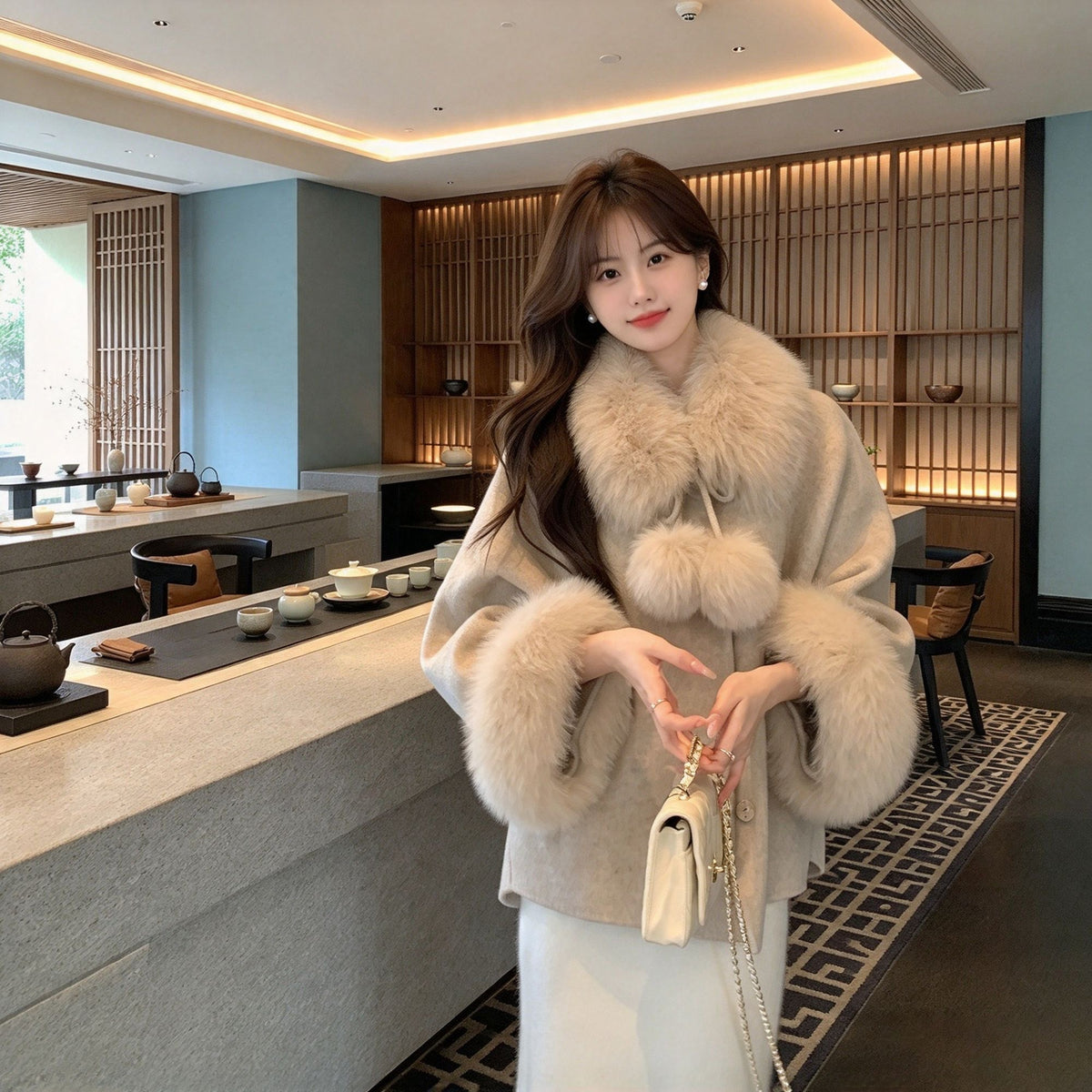 Women's Faux Fur Trim Wool-Blend Coat