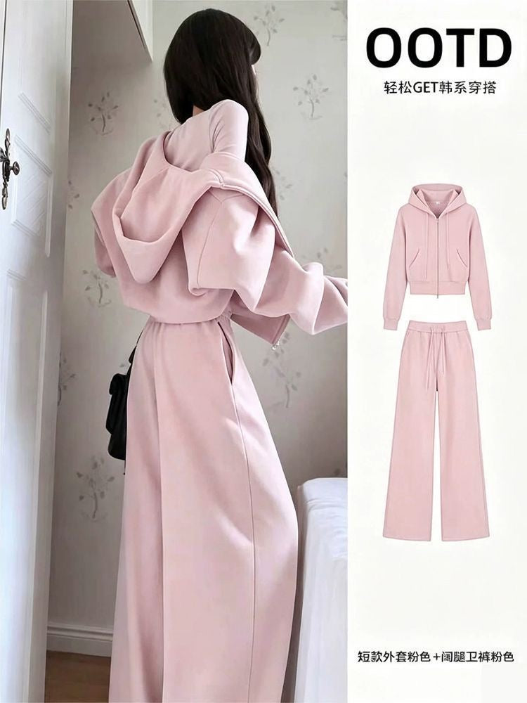 Women's Stretch Cotton Cropped Hoodie & Wide-Leg Pants Set