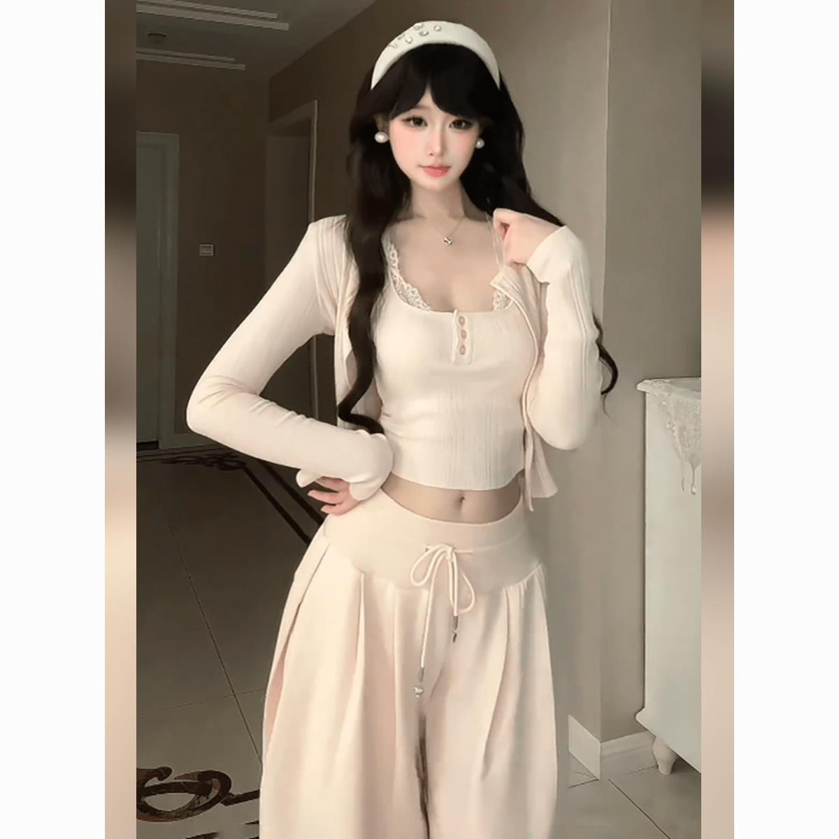女士韩系甜美纯棉短款上衣开衫阔腿裤三件套