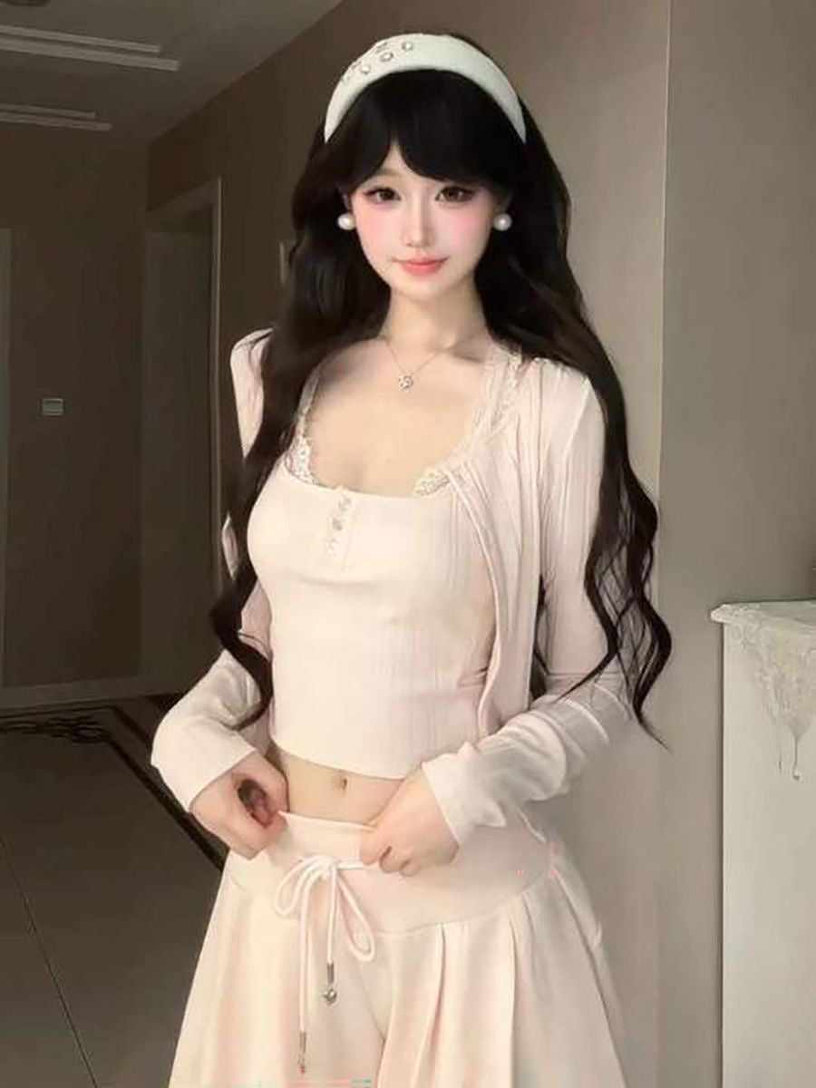 女士韩系甜美纯棉短款上衣开衫阔腿裤三件套