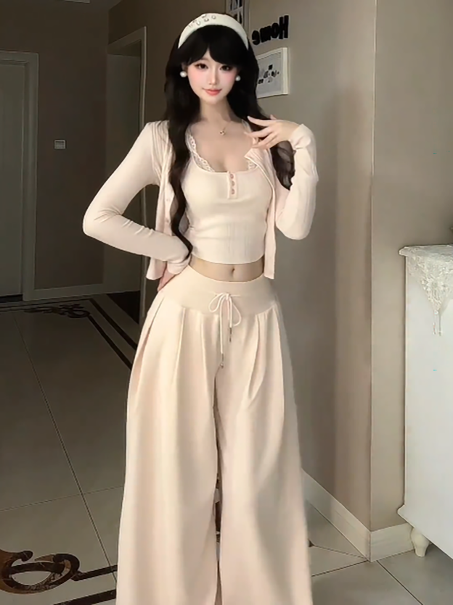 女士韩系甜美纯棉短款上衣开衫阔腿裤三件套