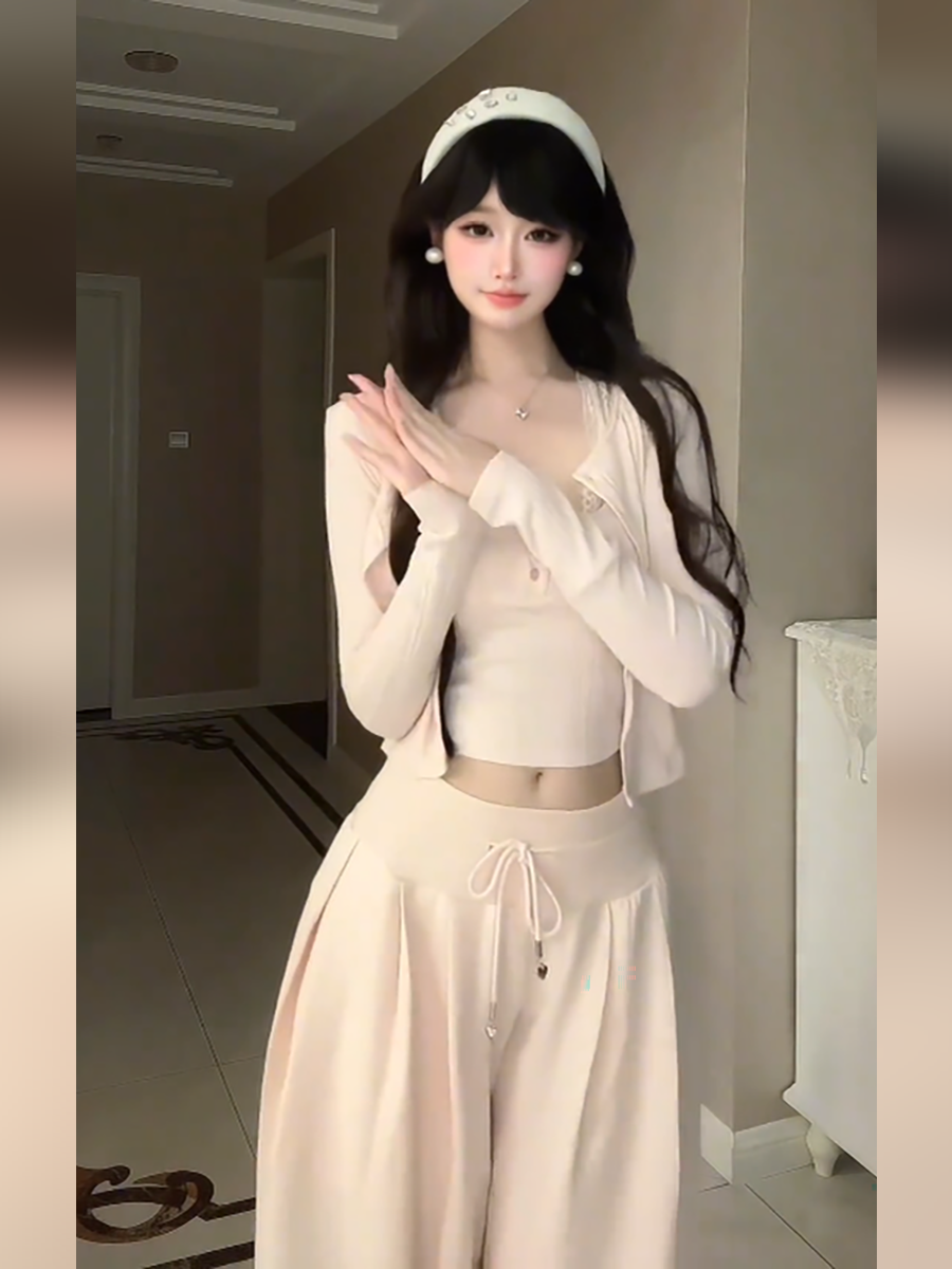 女士韩系甜美纯棉短款上衣开衫阔腿裤三件套