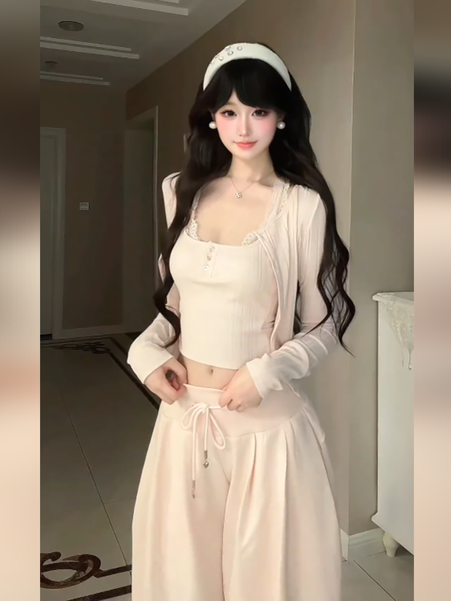 女士韩系甜美纯棉短款上衣开衫阔腿裤三件套