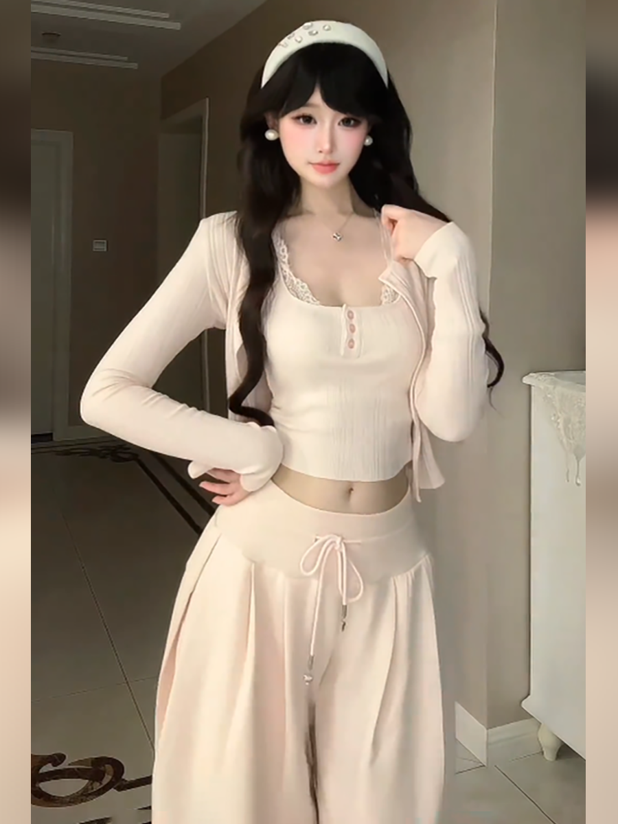 女士韩系甜美纯棉短款上衣开衫阔腿裤三件套