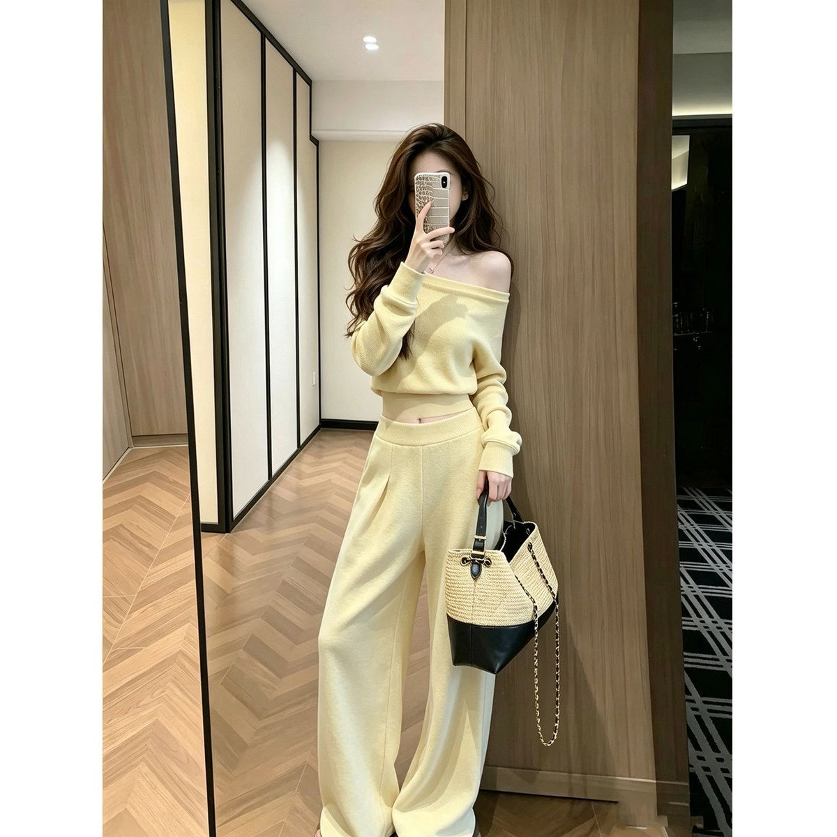 Women's Butter Yellow Off-Shoulder Top & Wide-Leg Pants Set