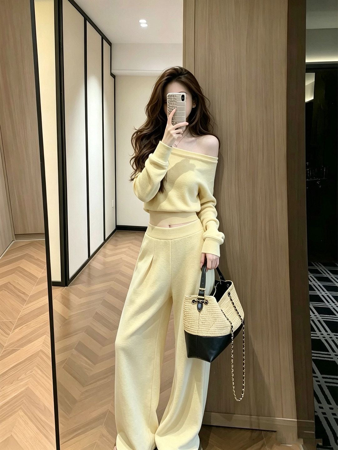Women's Butter Yellow Off-Shoulder Top & Wide-Leg Pants Set