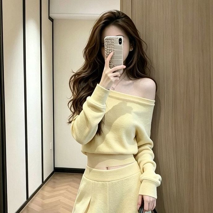 Women's Butter Yellow Off-Shoulder Top & Wide-Leg Pants Set