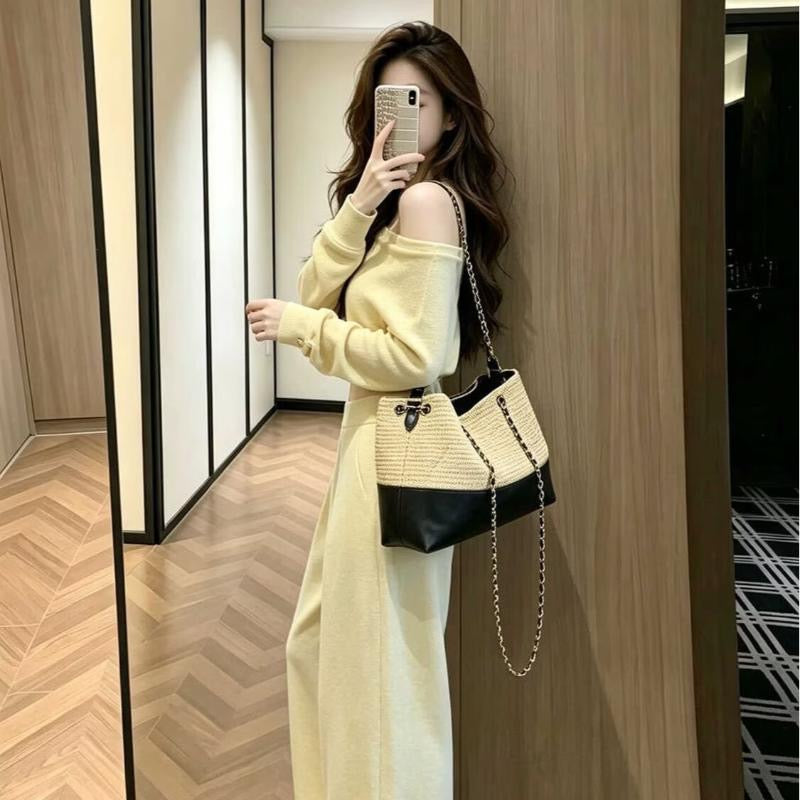 Women's Butter Yellow Off-Shoulder Top & Wide-Leg Pants Set