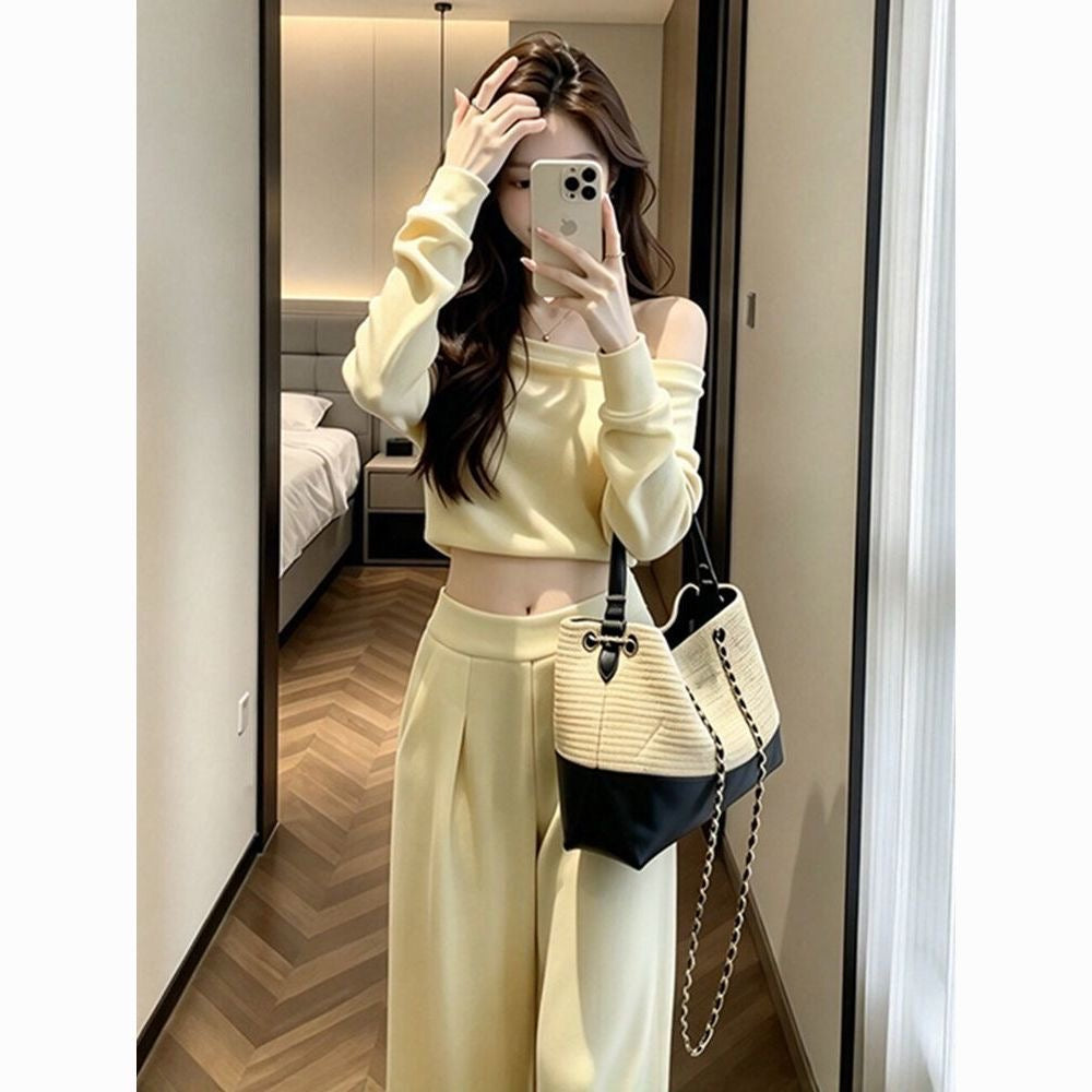 Women's Butter Yellow Off-Shoulder Top & Wide-Leg Pants Set
