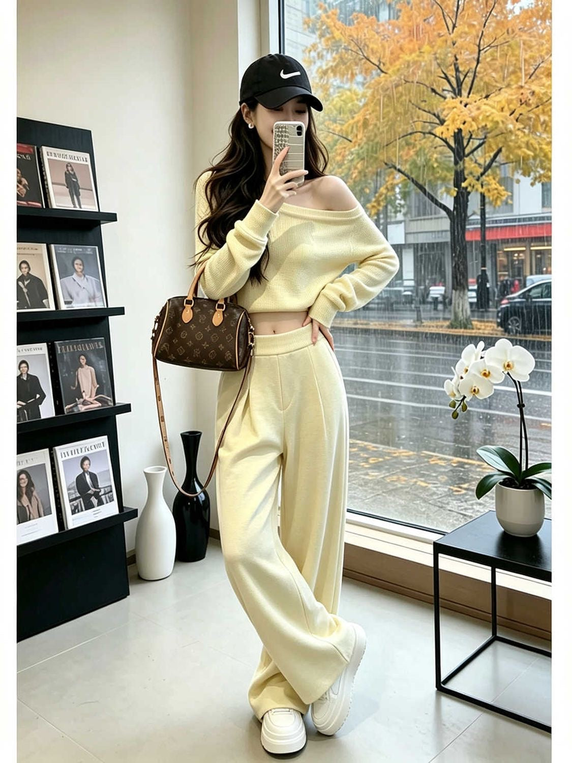 Women's Butter Yellow Off-Shoulder Top & Wide-Leg Pants Set