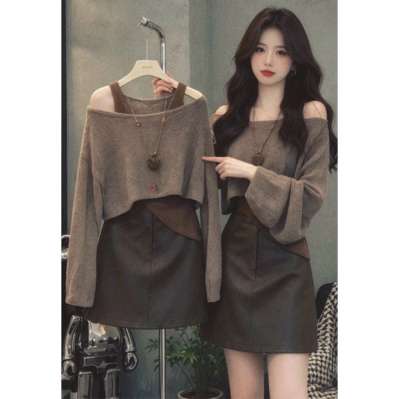 Off-Shoulder Knit Top & Mini Skirt Three-Piece Set