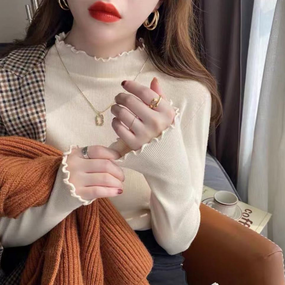 Pure Wool Mock Neck Sweater with Ruffle Trim