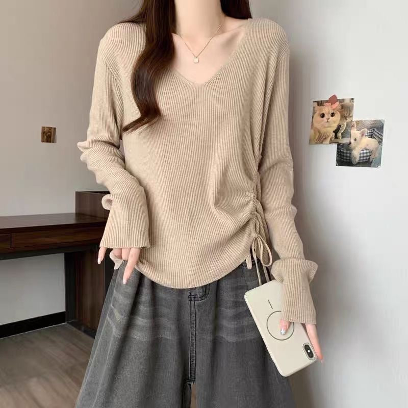Soft Ribbed V-Neck Knit Sweater with Drawstring Hem