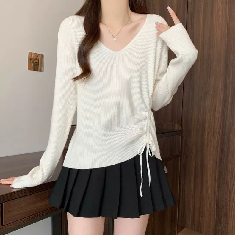 Soft Ribbed V-Neck Knit Sweater with Drawstring Hem