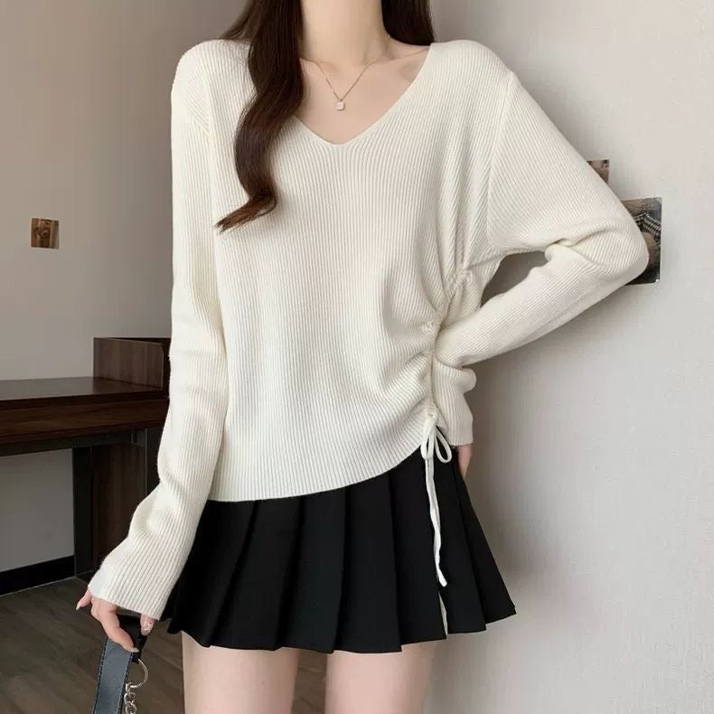Soft Ribbed V-Neck Knit Sweater with Drawstring Hem