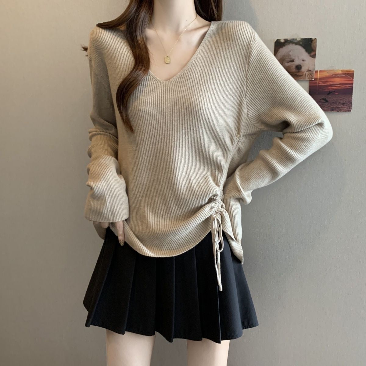 Soft Ribbed V-Neck Knit Sweater with Drawstring Hem
