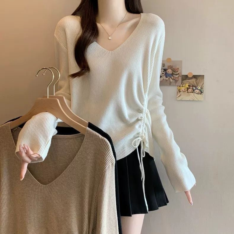 Soft Ribbed V-Neck Knit Sweater with Drawstring Hem