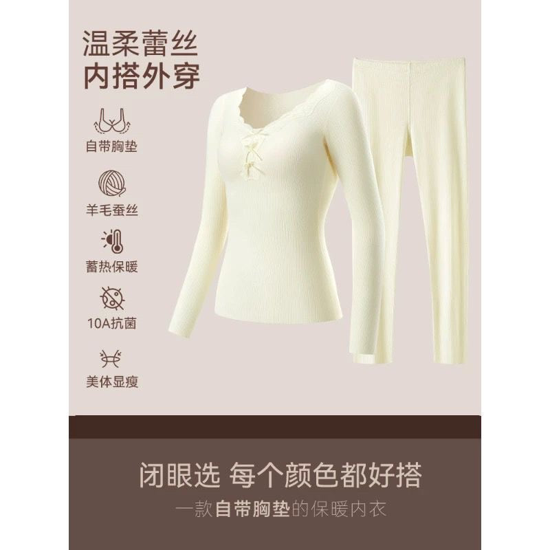 Lace-Trim Ribbed Thermal Top with Warming Patch