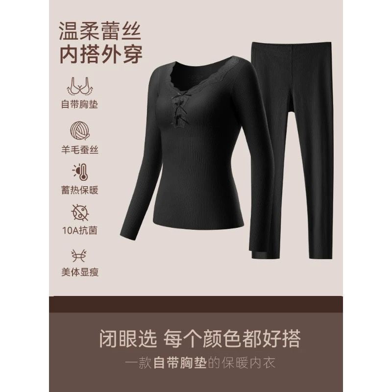 Lace-Trim Ribbed Thermal Top with Warming Patch