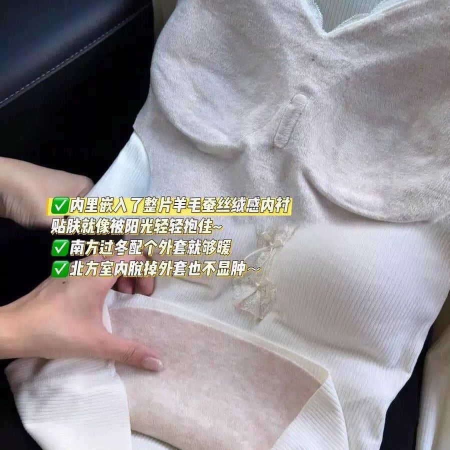 Lace-Trim Ribbed Thermal Top with Warming Patch