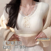 Lace-Trim Ribbed Thermal Top with Warming Patch