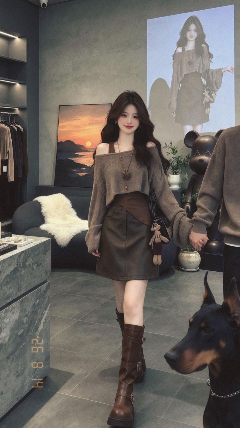 Off-Shoulder Knit Top & Mini Skirt Three-Piece Set