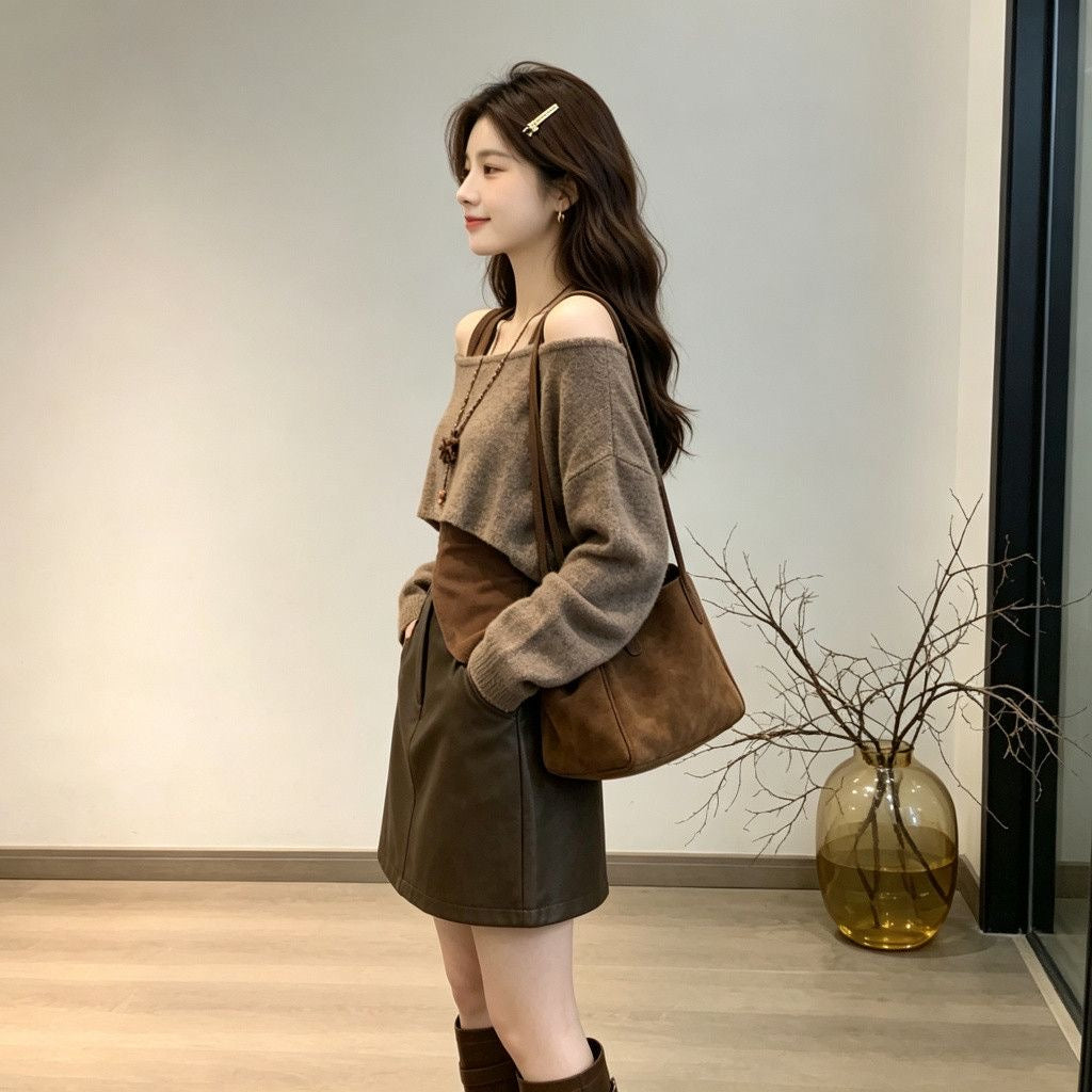 Off-Shoulder Knit Top & Mini Skirt Three-Piece Set