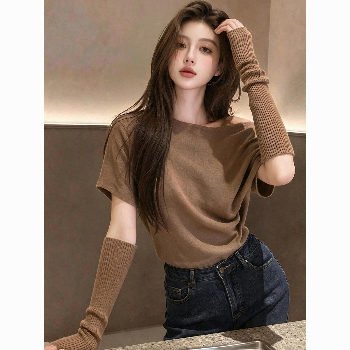Fleece-Lined Short Sleeve Top & Knit Arm Warmers Set