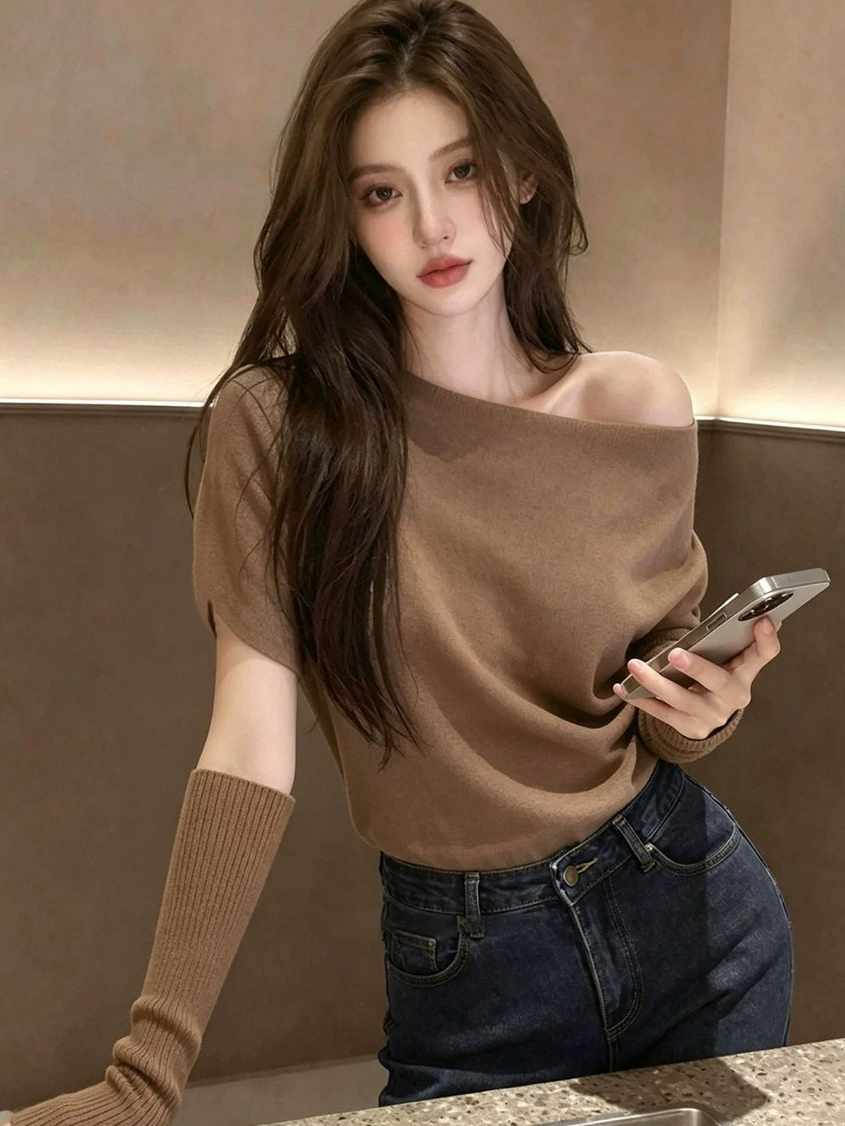 Fleece-Lined Short Sleeve Top & Knit Arm Warmers Set
