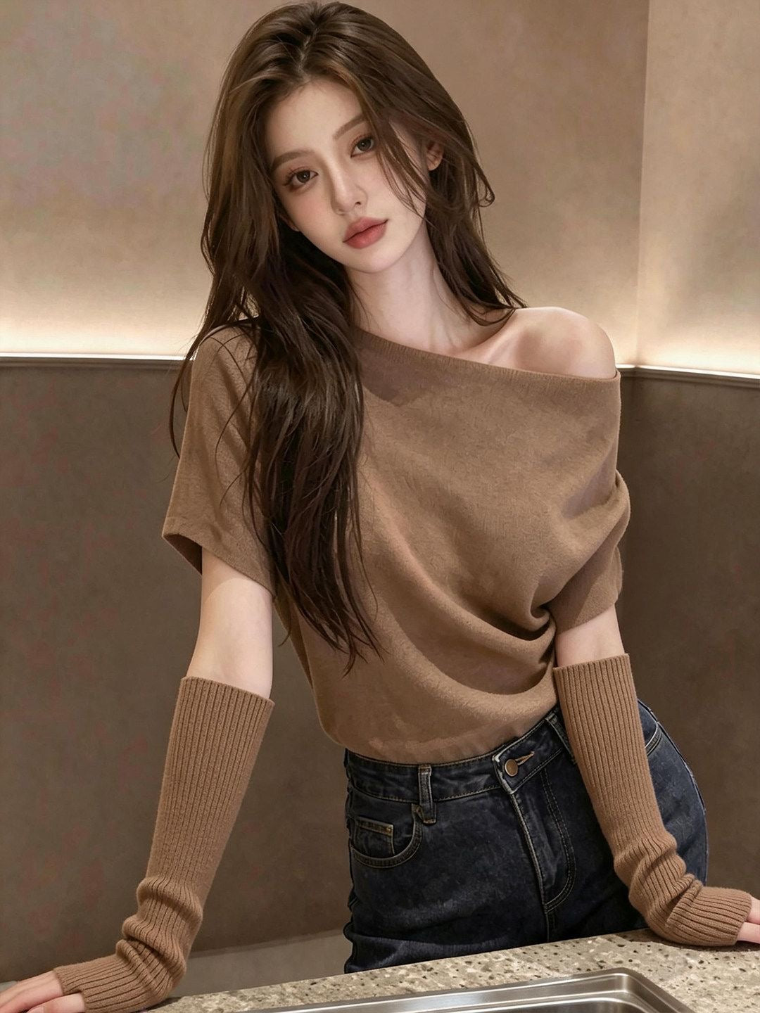 Fleece-Lined Short Sleeve Top & Knit Arm Warmers Set