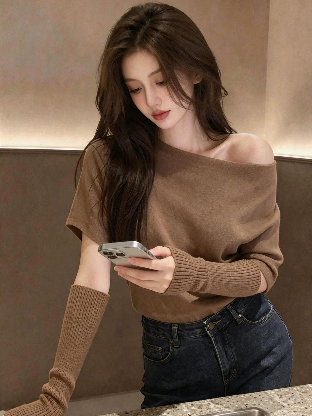 Fleece-Lined Short Sleeve Top & Knit Arm Warmers Set