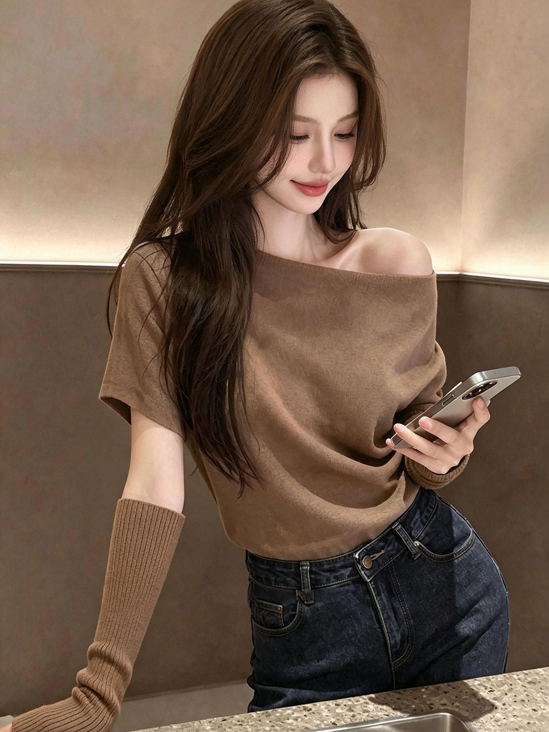 Fleece-Lined Short Sleeve Top & Knit Arm Warmers Set