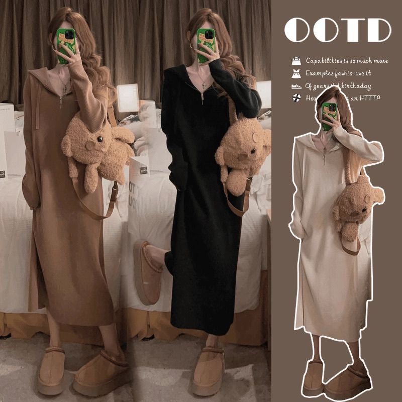 Hooded Half-Zip Ribbed Knit Midi Dress