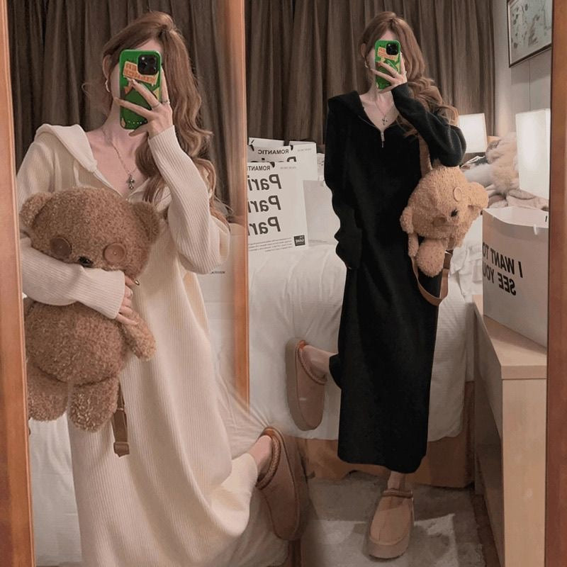 Hooded Half-Zip Ribbed Knit Midi Dress