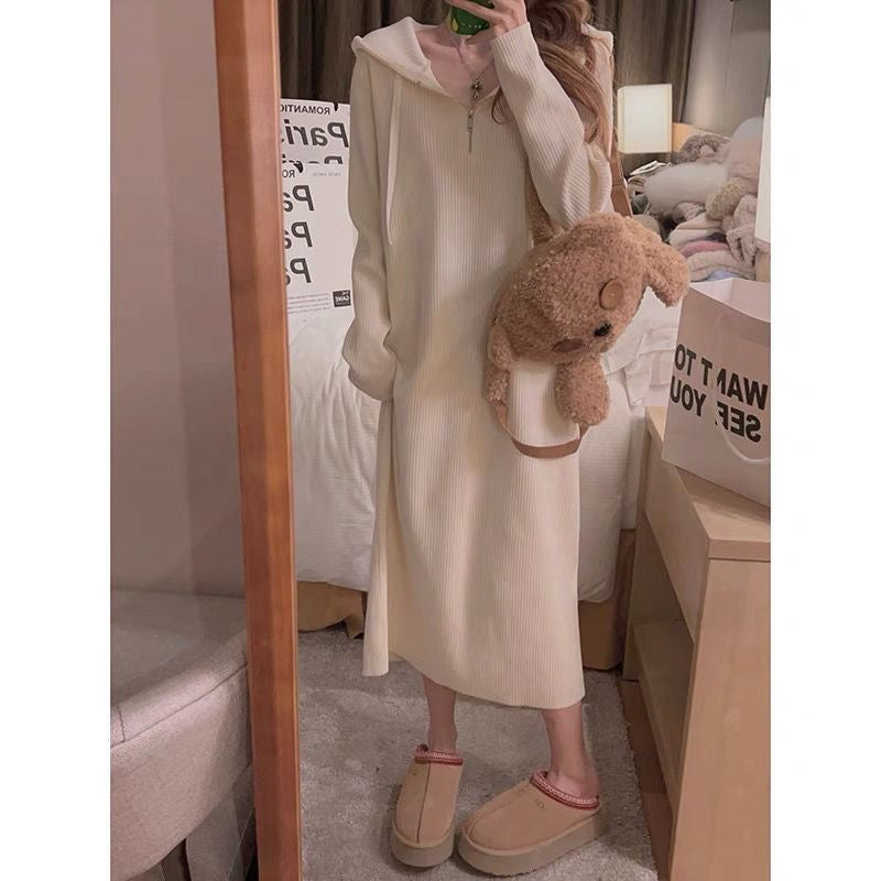 Hooded Half-Zip Ribbed Knit Midi Dress