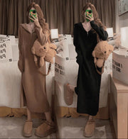 Hooded Half-Zip Ribbed Knit Midi Dress