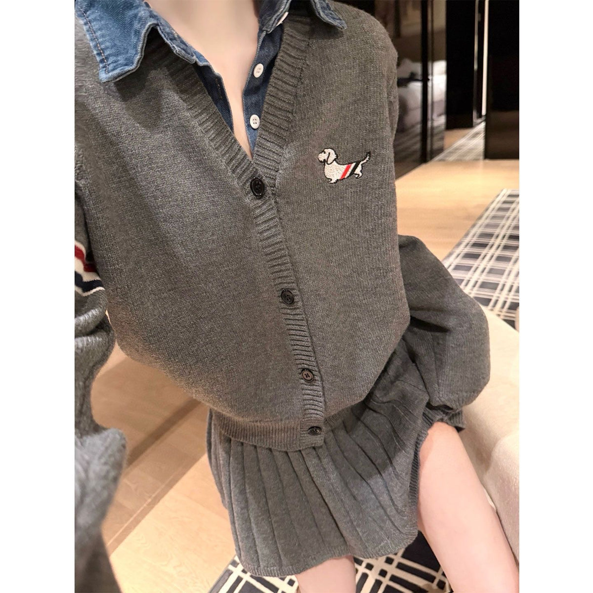 Denim-Collar Knit Cardigan & Pleated Mini Skirt Set
